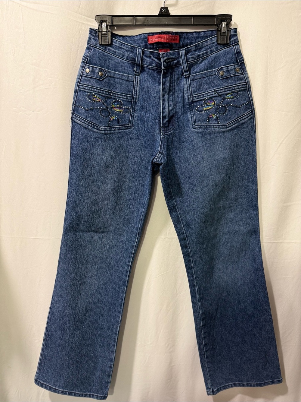 Cosmopolitan Dark Blue Boot Cut Jeans with Rhinestone Pocket Detail